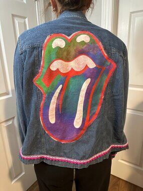Rolling Stones Upcycled Lightweight Denim Jean Jacket with Crochet Lace Trims
